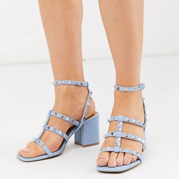 NEW ASOS DESIGN Haiti studded blocked heeled sandals in cornflower blue Sz US 10 - Picture 1 of 10
